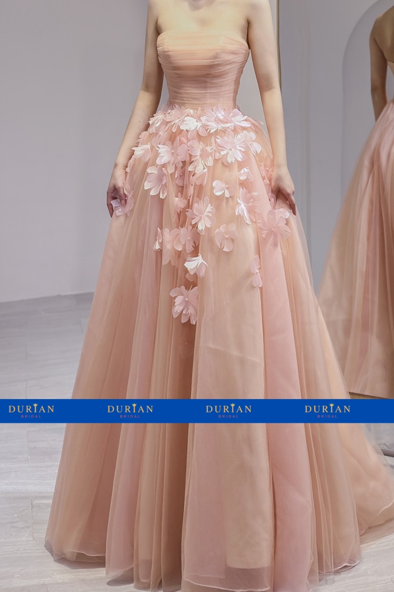 Váy cưới mùa thu cổ chữ V bằng vải tuyn màu hồng tuyệt đẹp - Lunss