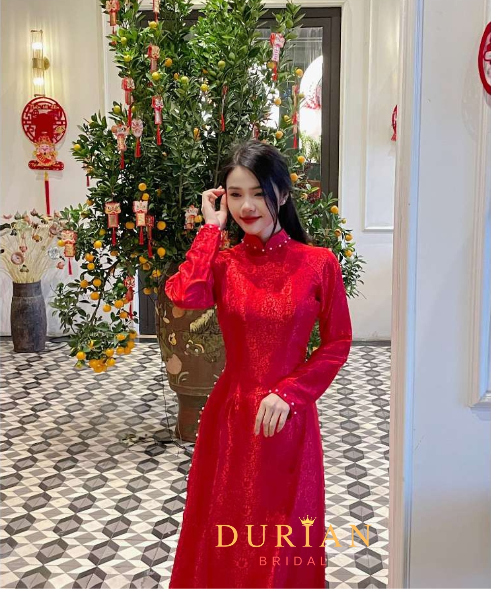 Áo dài cưới gấm đỏ mẫu 4