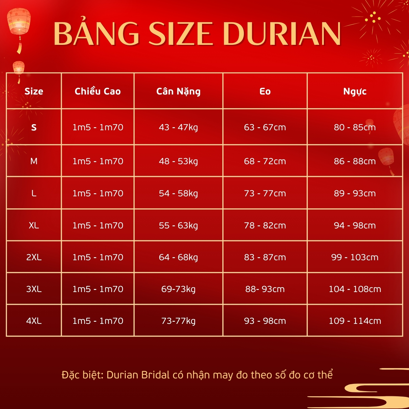 Bảng size áo dài bà sui