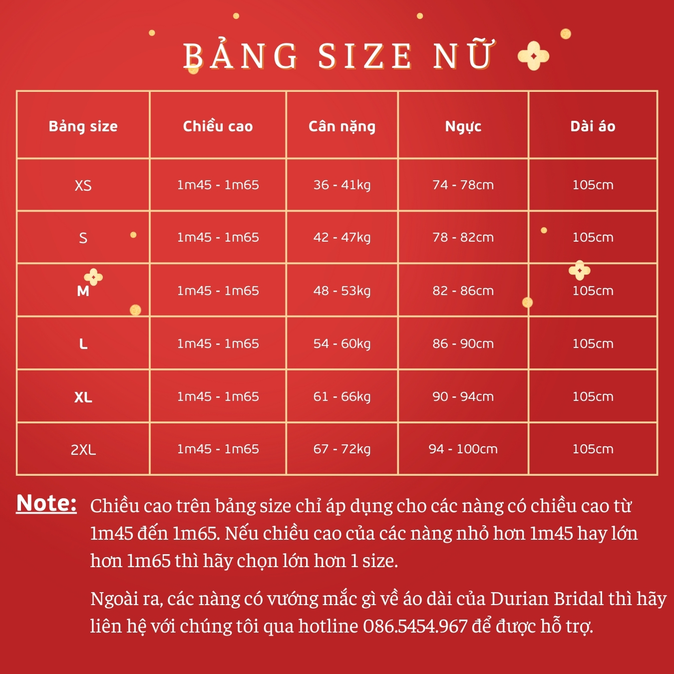 Bảng size áo dài cô dâu