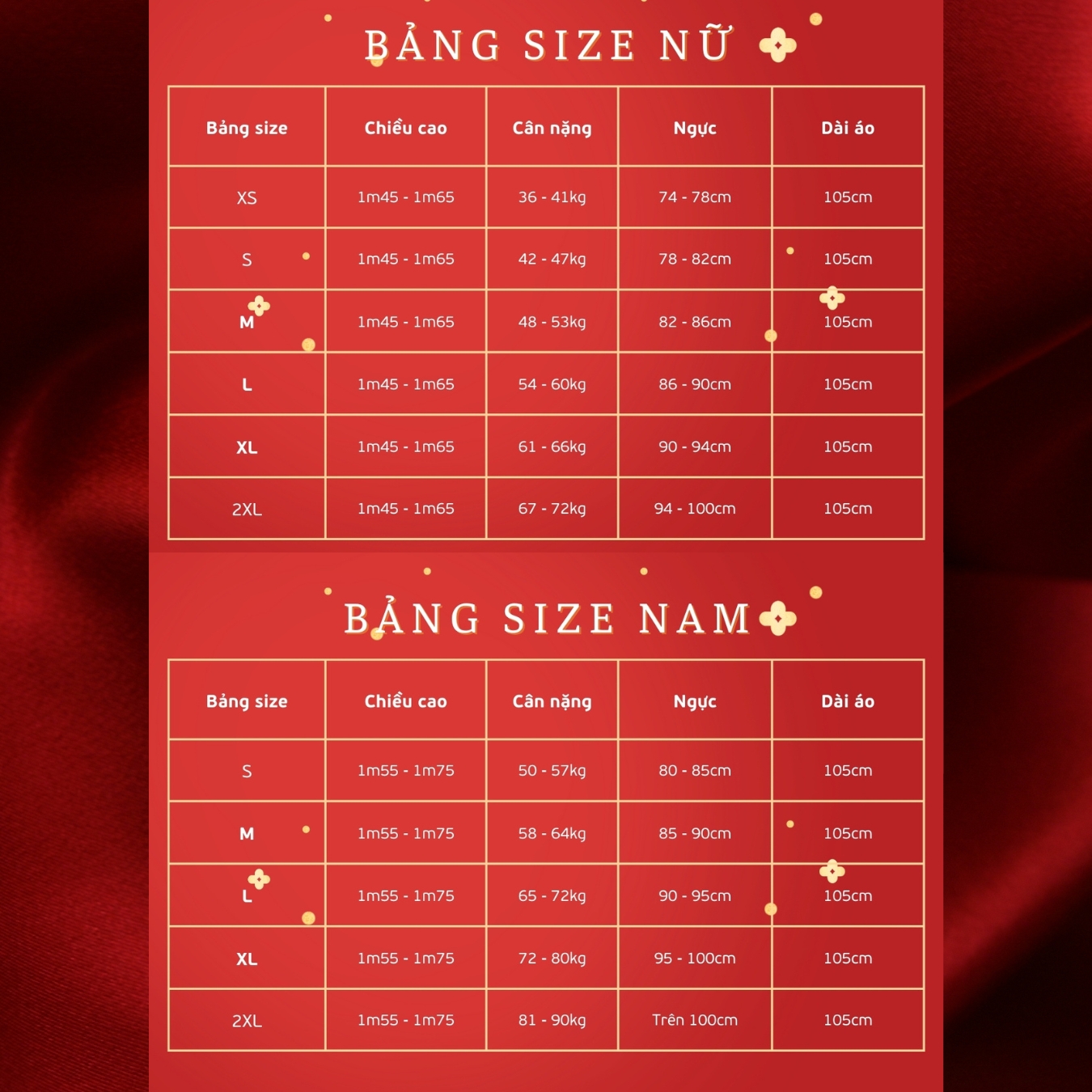 Bảng size áo dài cặp đôi nam và nữ