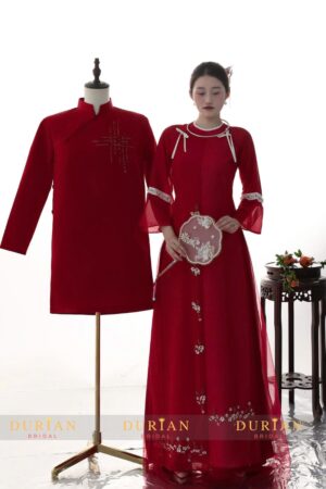 Áo dài ăn hỏi cặp đôi cổ tròn 4 tà tay cánh tiên DR6609