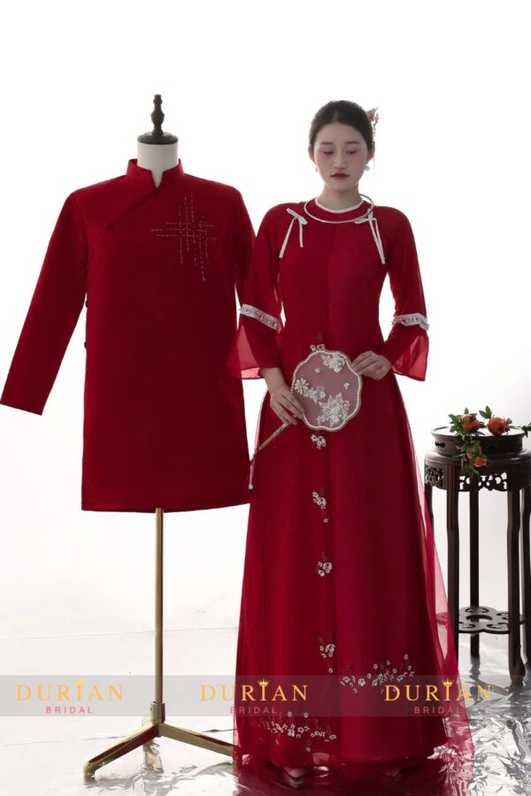 Áo dài ăn hỏi cặp đôi cổ tròn 4 tà tay cánh tiên DR6609