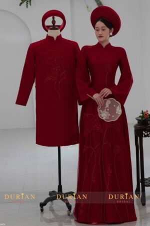 Áo dài ăn hỏi cặp đôi đính kết hoa sen thủ công DR6610