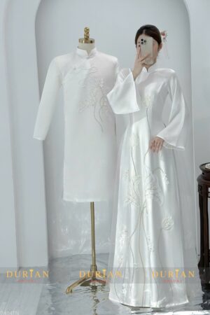 Áo dài ăn hỏi cặp đôi đính kết hoa sen thủ công DR6610