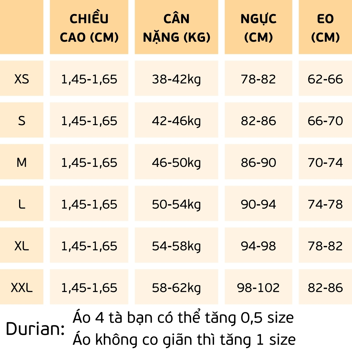 bảng size áo dài cưới